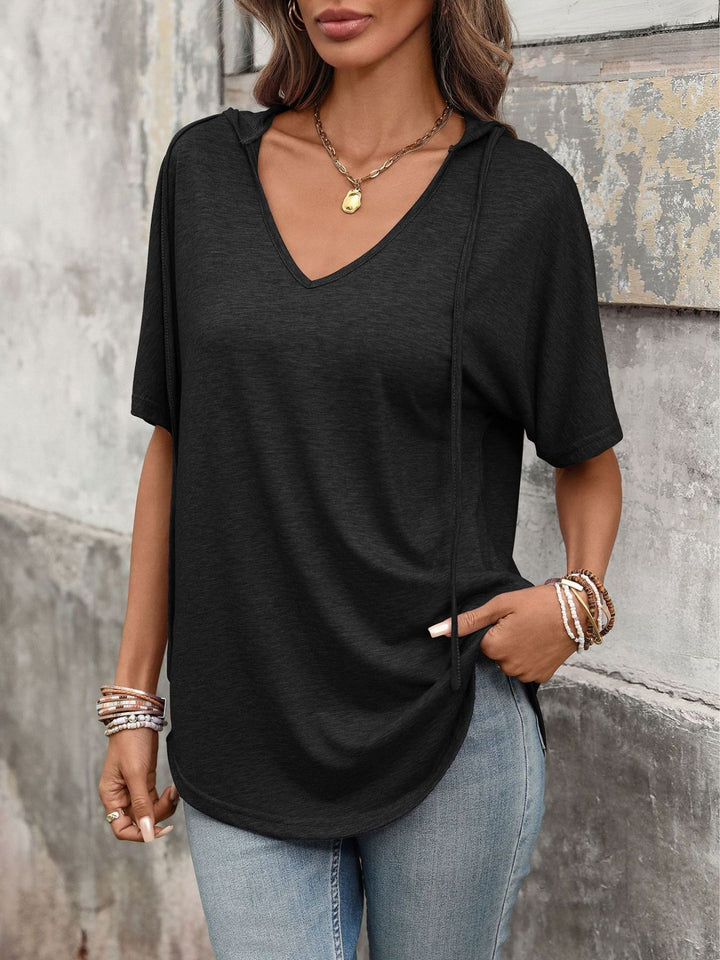 Hooded short sleeve tee with drawstring V-neck