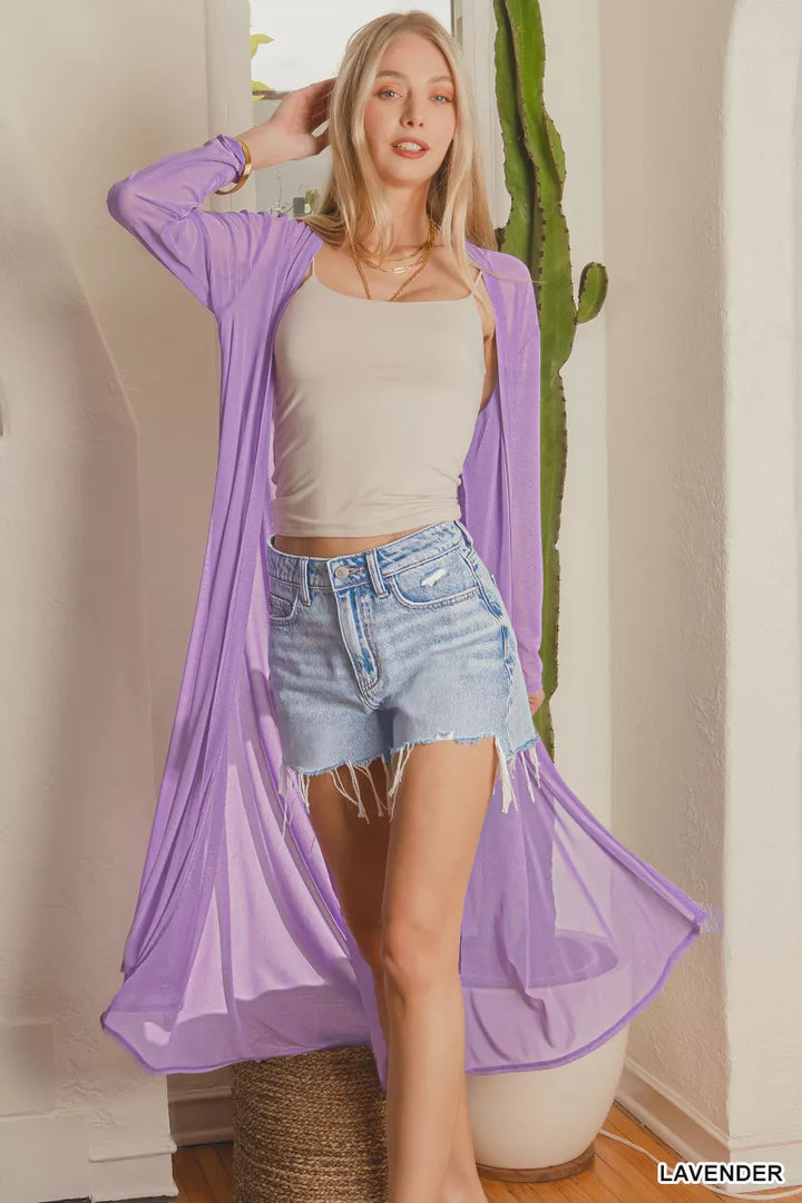 Sheer mesh open-front duster cardigan with long sleeves