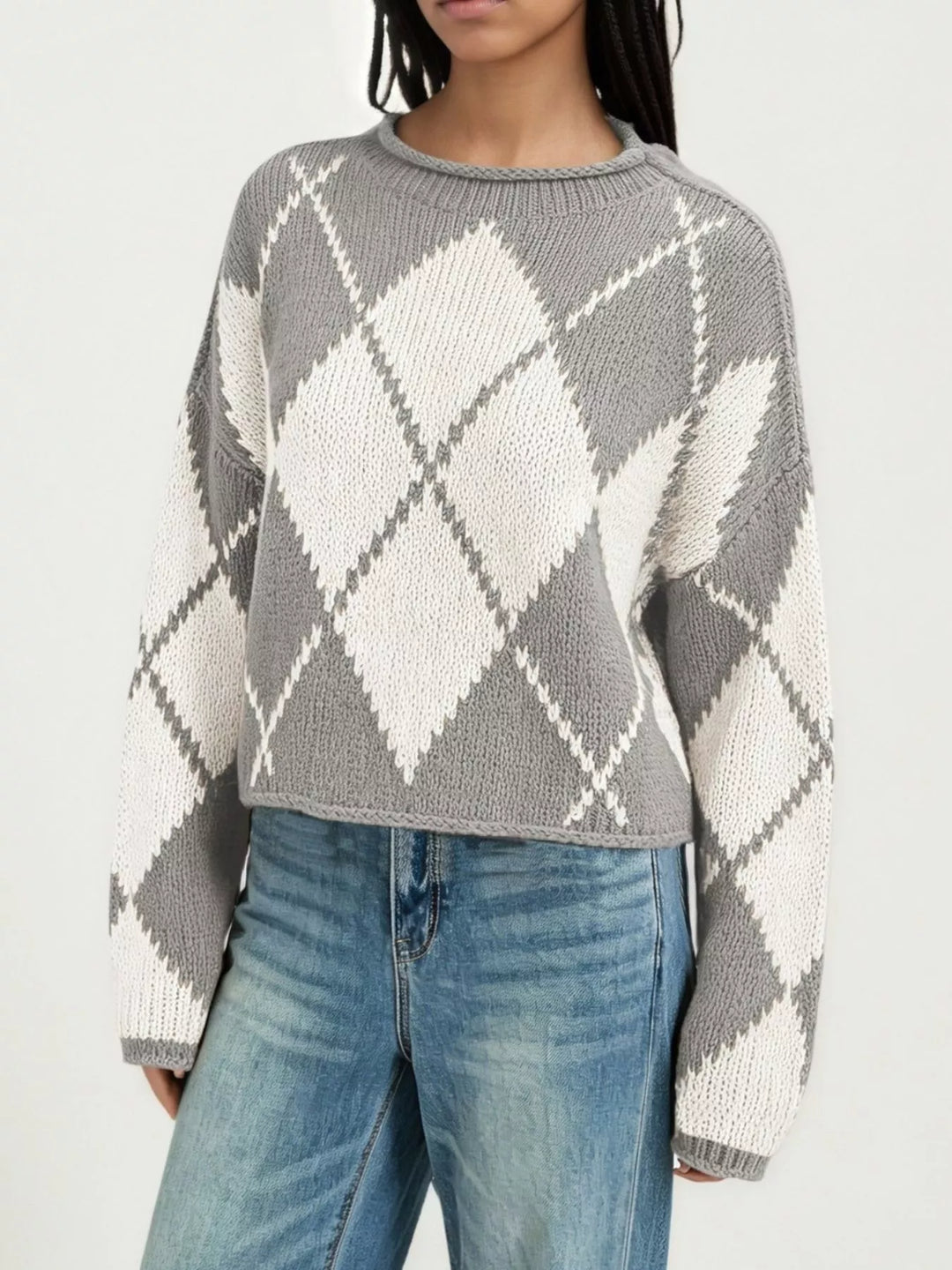 Gray Argyle knit dropped shoulder sweater with ribbed trim