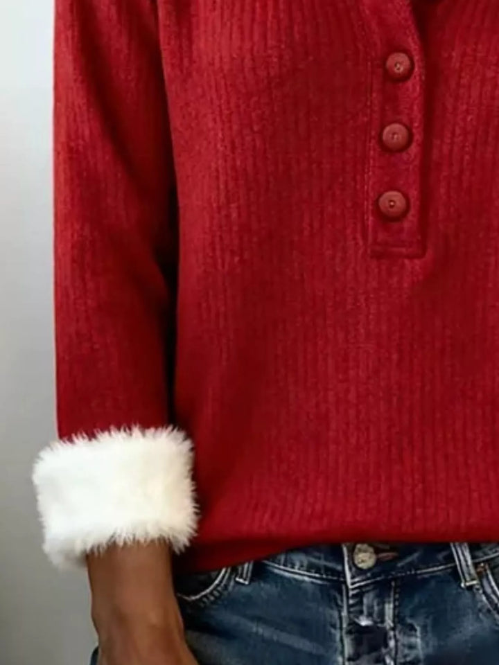 Ribbed knit henley sweater with faux fur collar and cuffs
