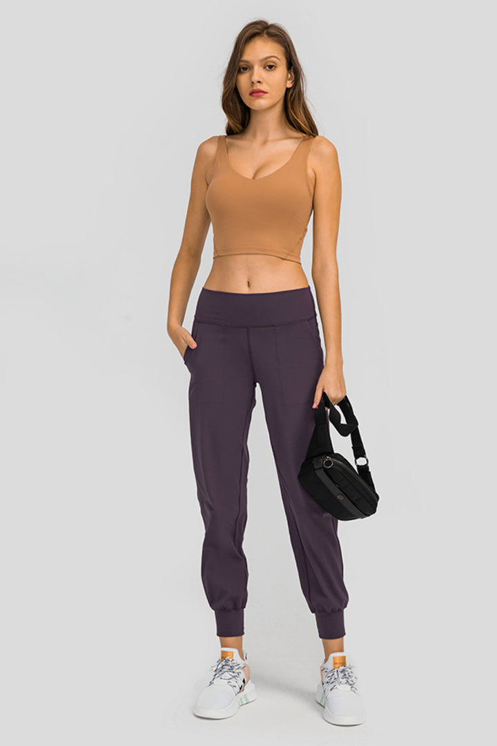 Wide waistband cropped joggers with pockets and ribbed cuffs