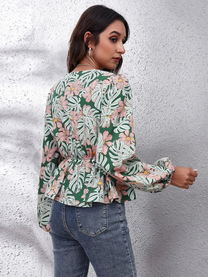 Floral v-neck peplum blouse with balloon sleeves