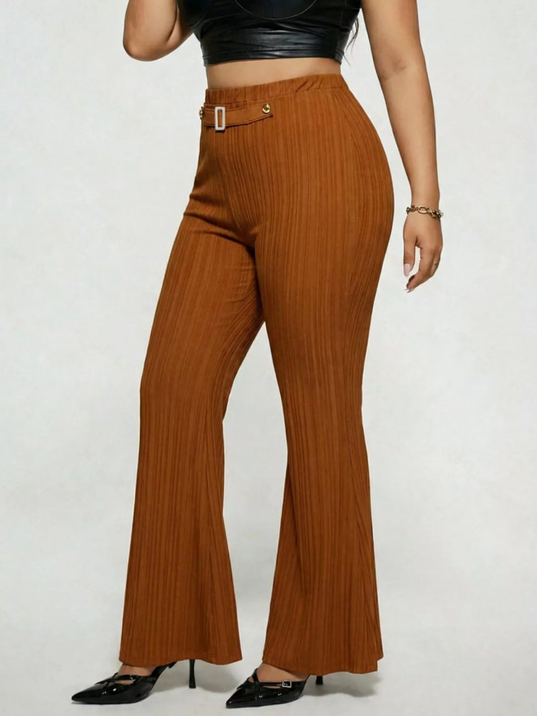 Plus size high-rise ribbed flare pants with buckle detail