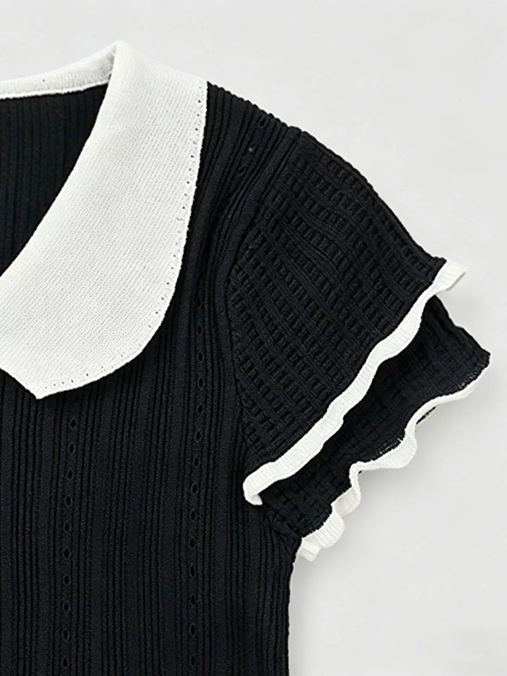 Ribbed knit crop top with Peter Pan collar and ruffle sleeves