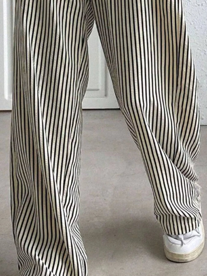 Striped wide-leg drawstring pants with side pockets