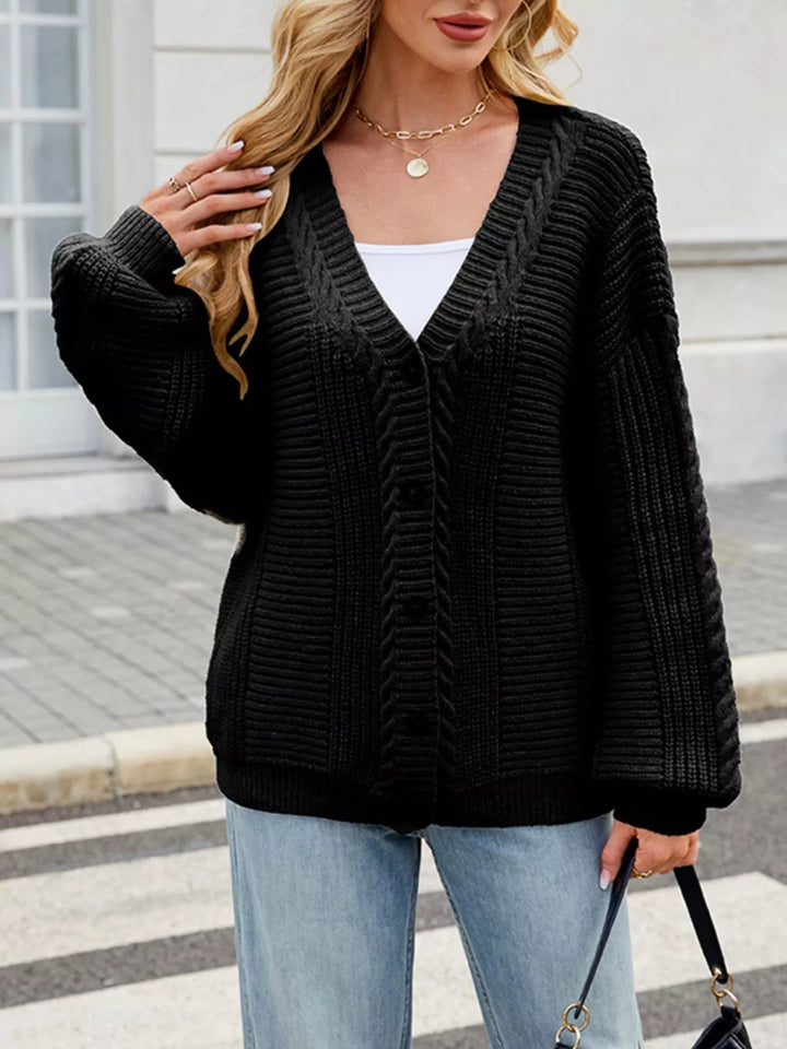 Black Cable knit button-front cardigan with drop shoulder sleeves