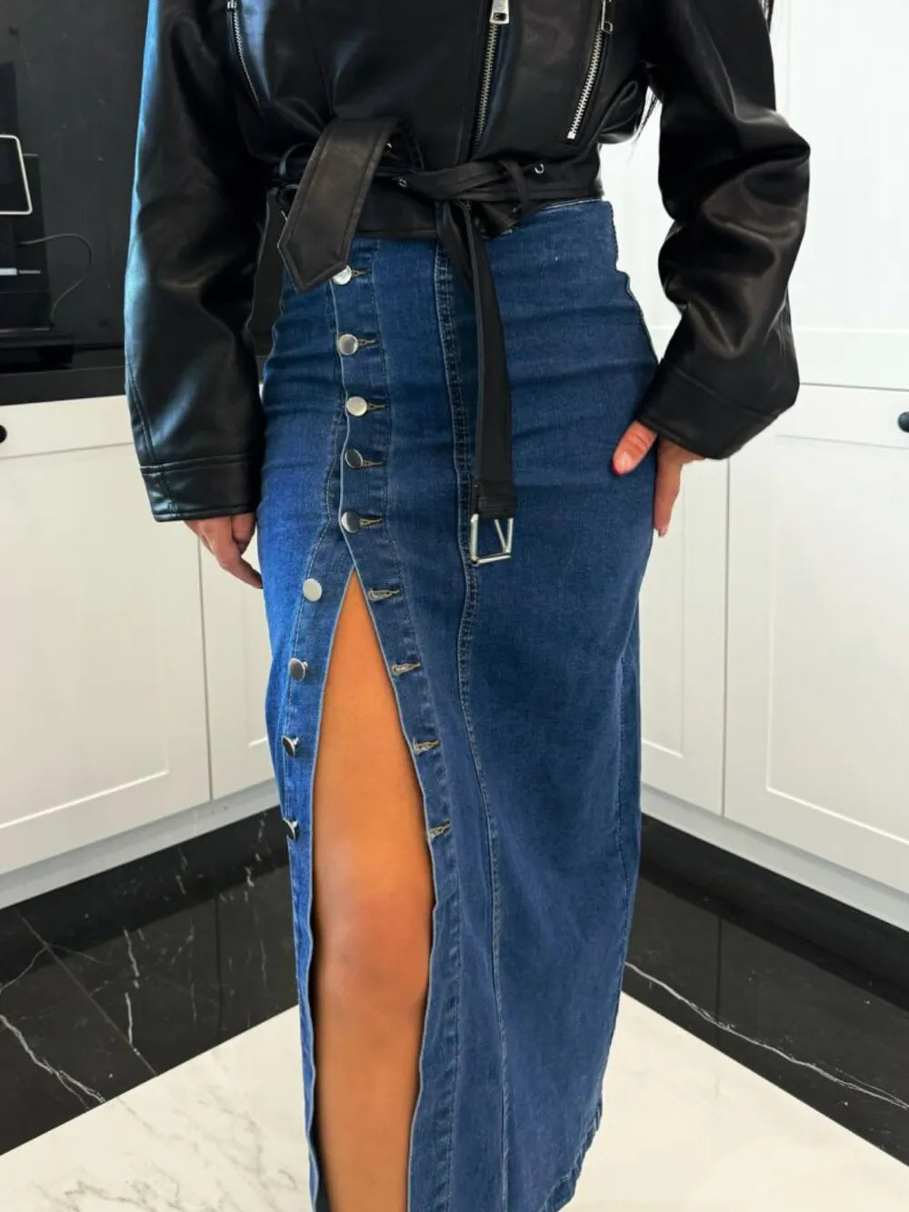 High-waist front-button slit midi denim skirt