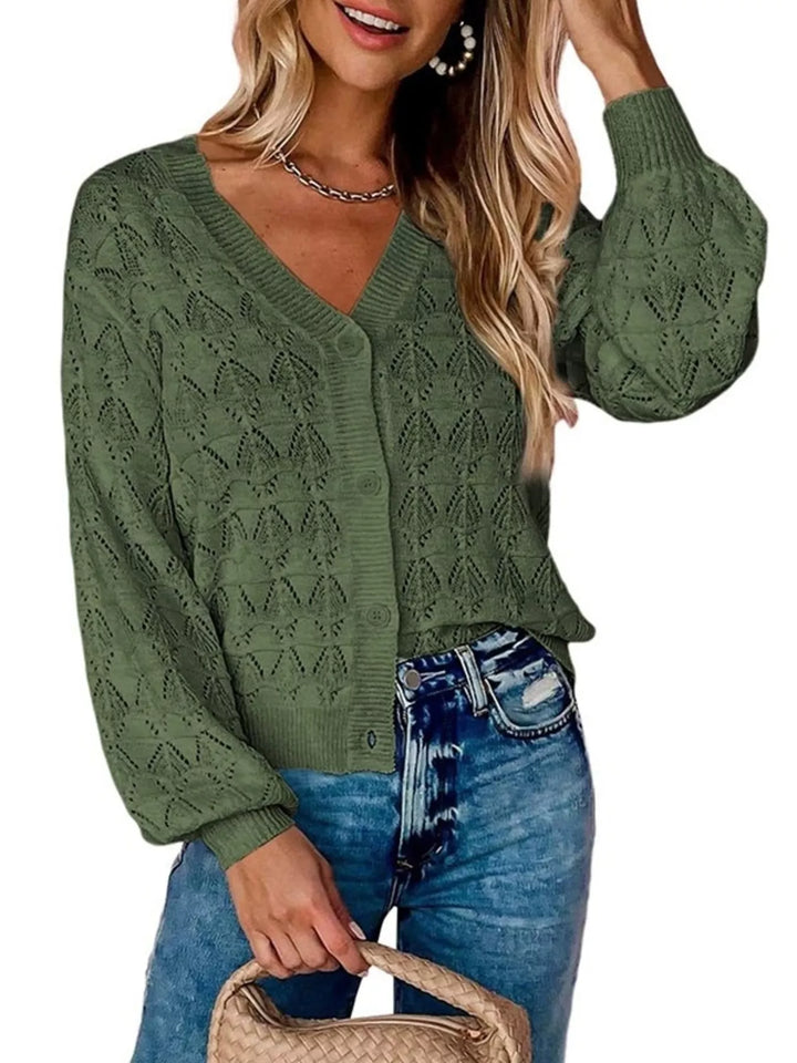 Green Pointelle openwork V-neck button-down knit cardigan