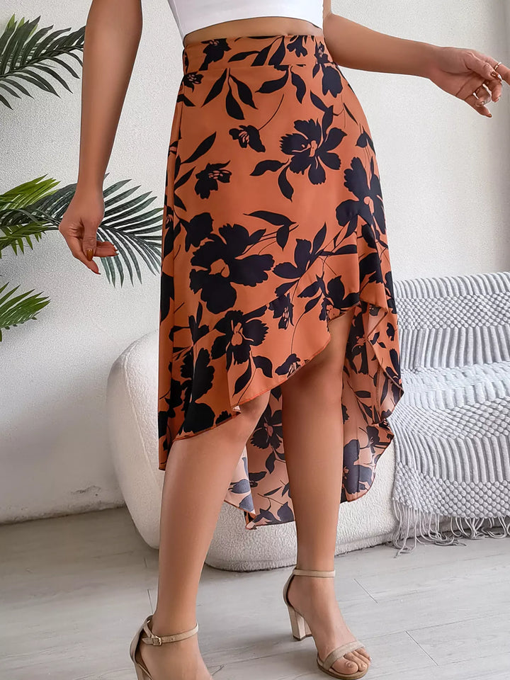 Orange Floral print asymmetrical ruffle hem midi skirt