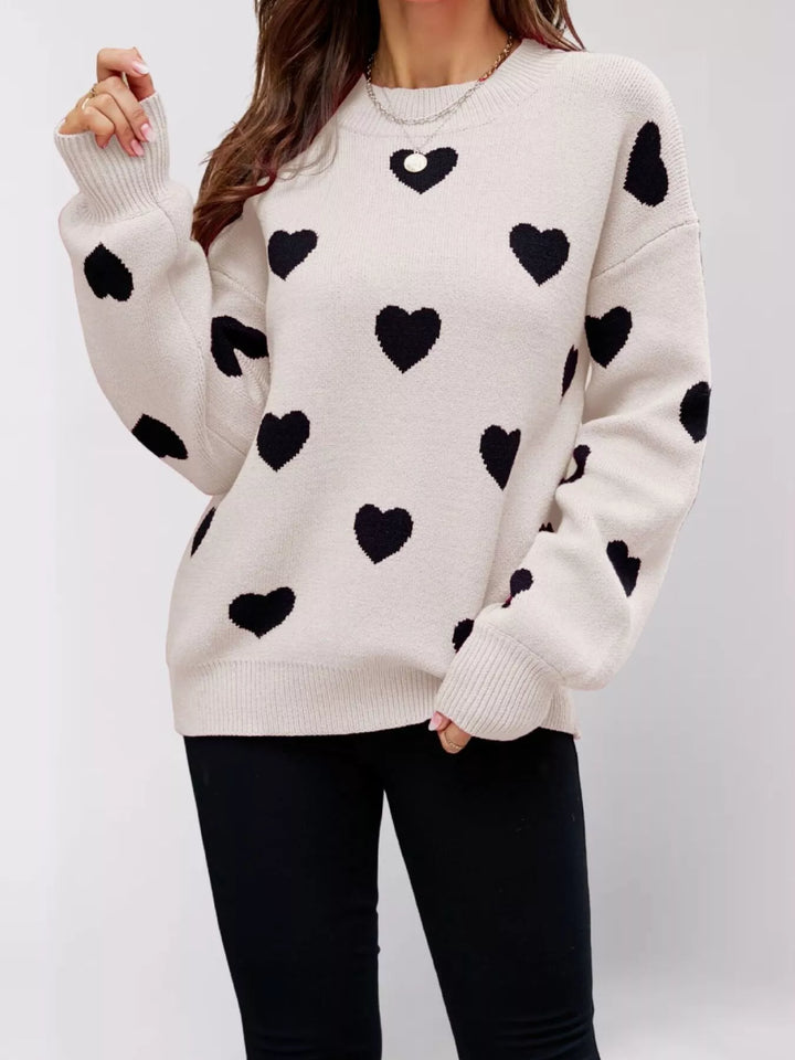 Black Apricot Heart print drop shoulder crew neck knit sweater