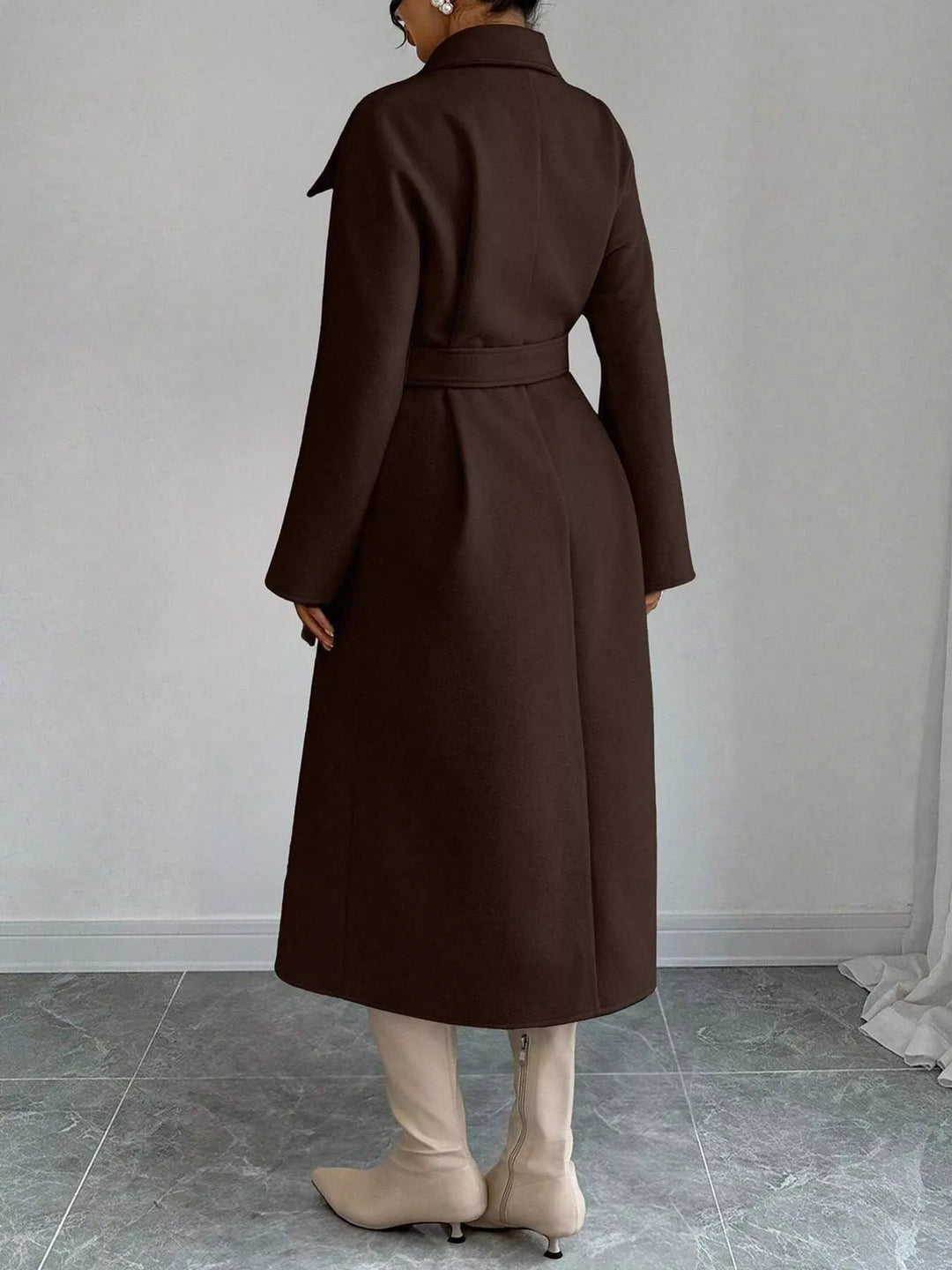 Double-breasted belted longline coat with stand collar