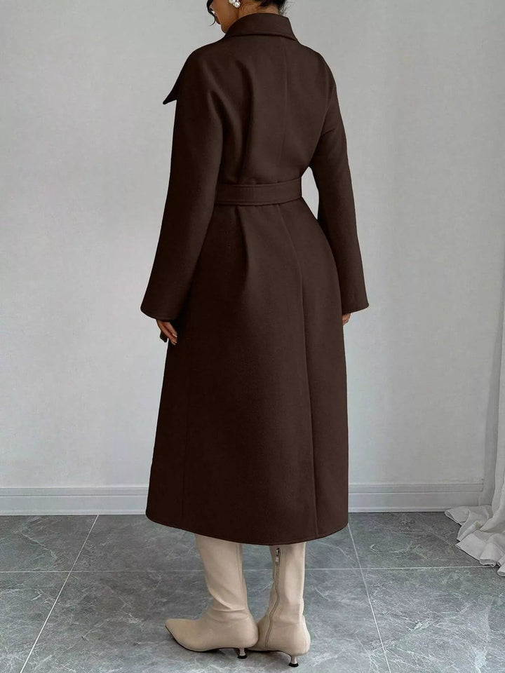Double-breasted belted longline coat with stand collar