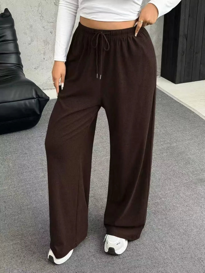 Brown Wide-leg drawstring pants with elastic waist and pockets