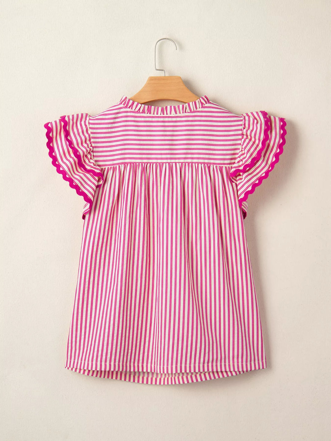 Striped shirred-yoke blouse with ruffled flutter sleeves