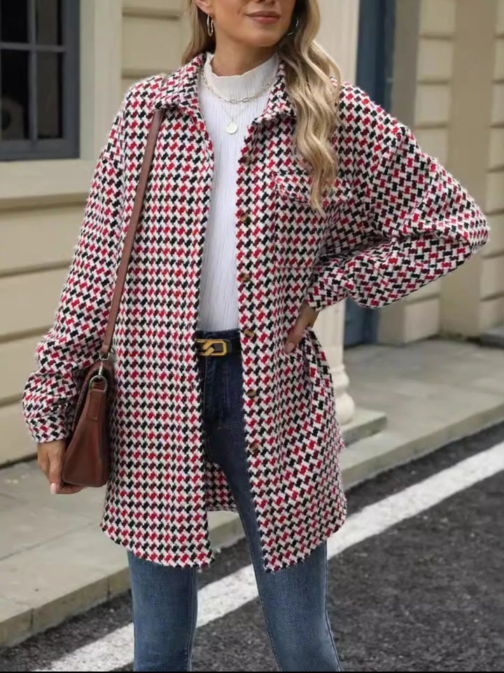 Houndstooth button-up shacket coat with chest pocket