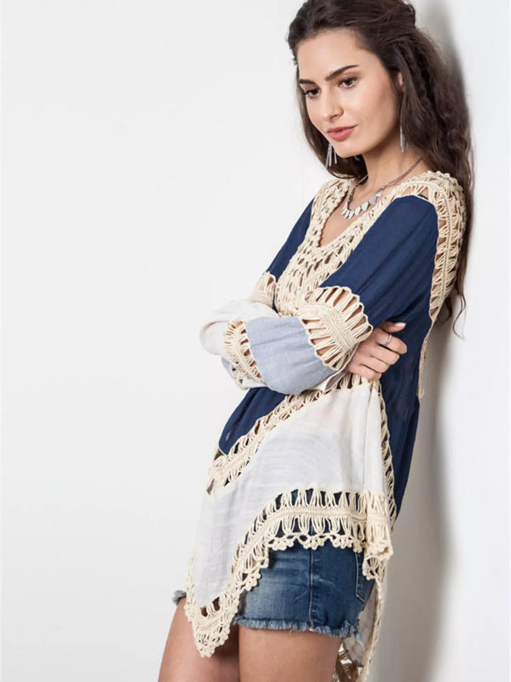 Crochet trim color block long sleeve beach cover-up