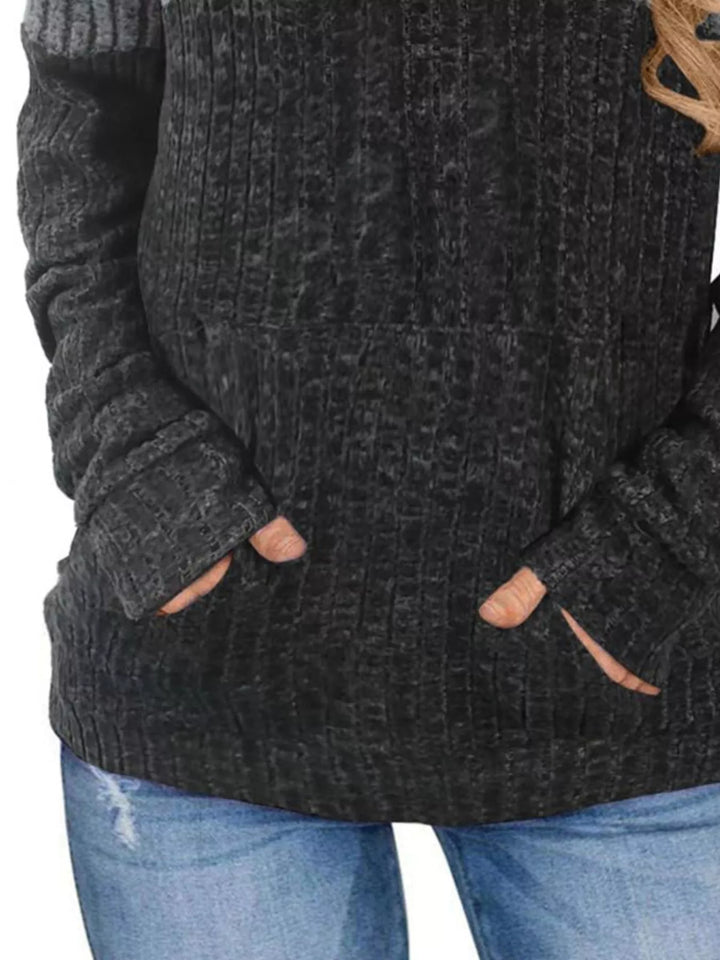 Color block ribbed knit hoodie with kangaroo pocket