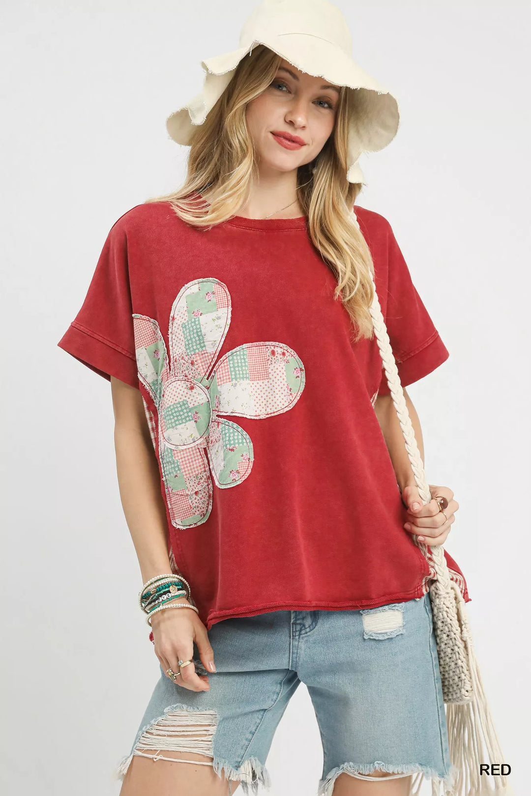 RED Mineral wash French terry top with floral patchwork flower