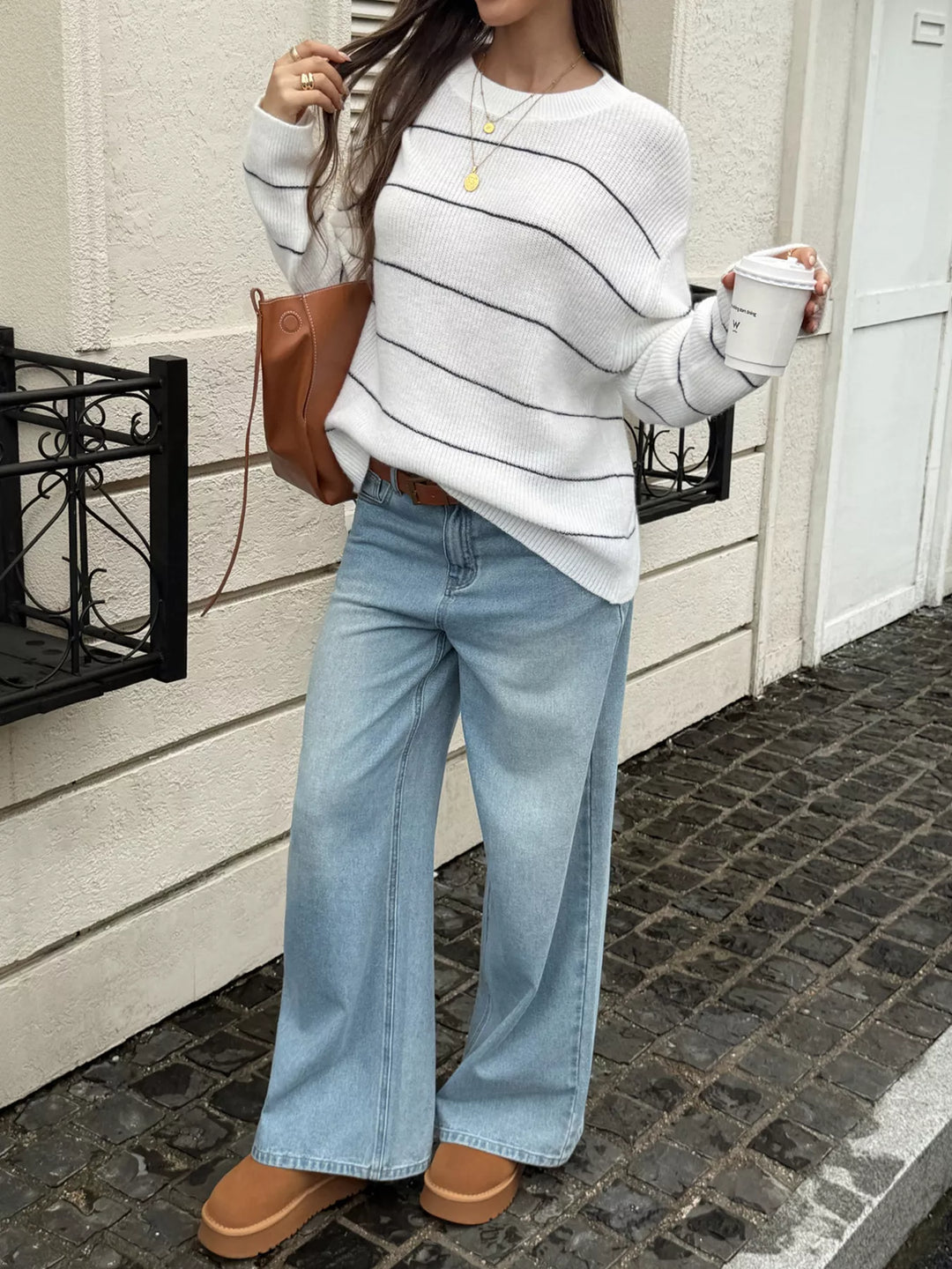 Striped drop-shoulder crew neck knit sweater