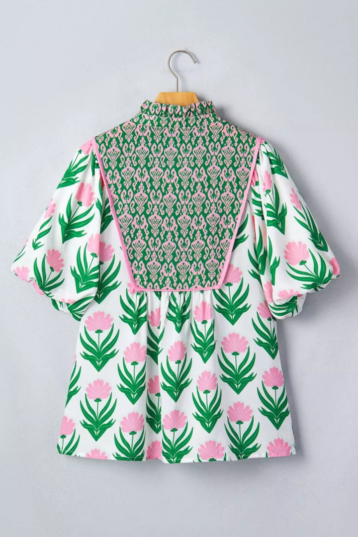 Floral print puff sleeve V-neck blouse with contrast yoke