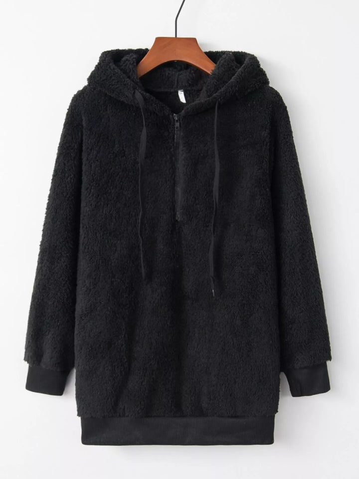 Plush half-zip fleece hoodie with drawstring hood and pockets
