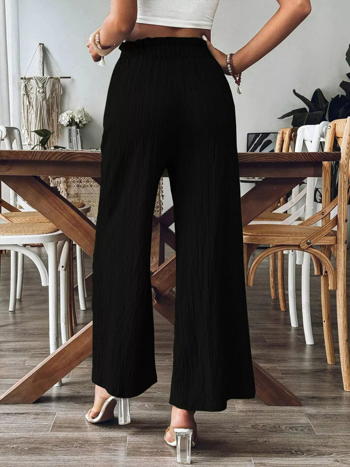 Crinkle ruched high-waist wide leg pants with pockets
