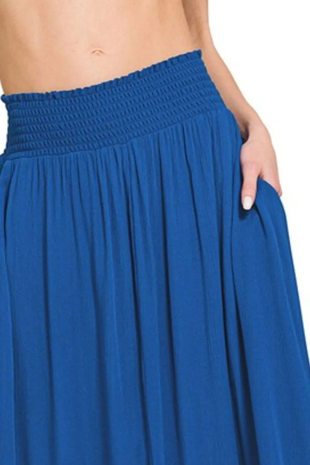 Crinkle woven high-low maxi skirt with smocked waist and pockets