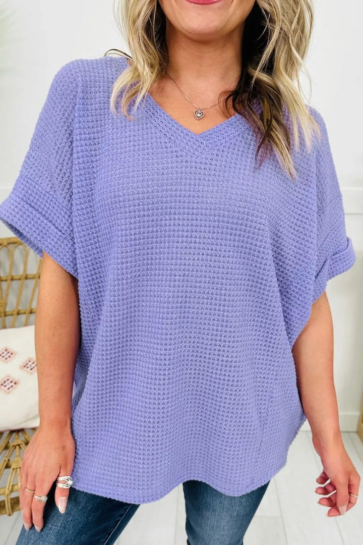 Plus size waffle knit V-neck top with cuffed short sleeves