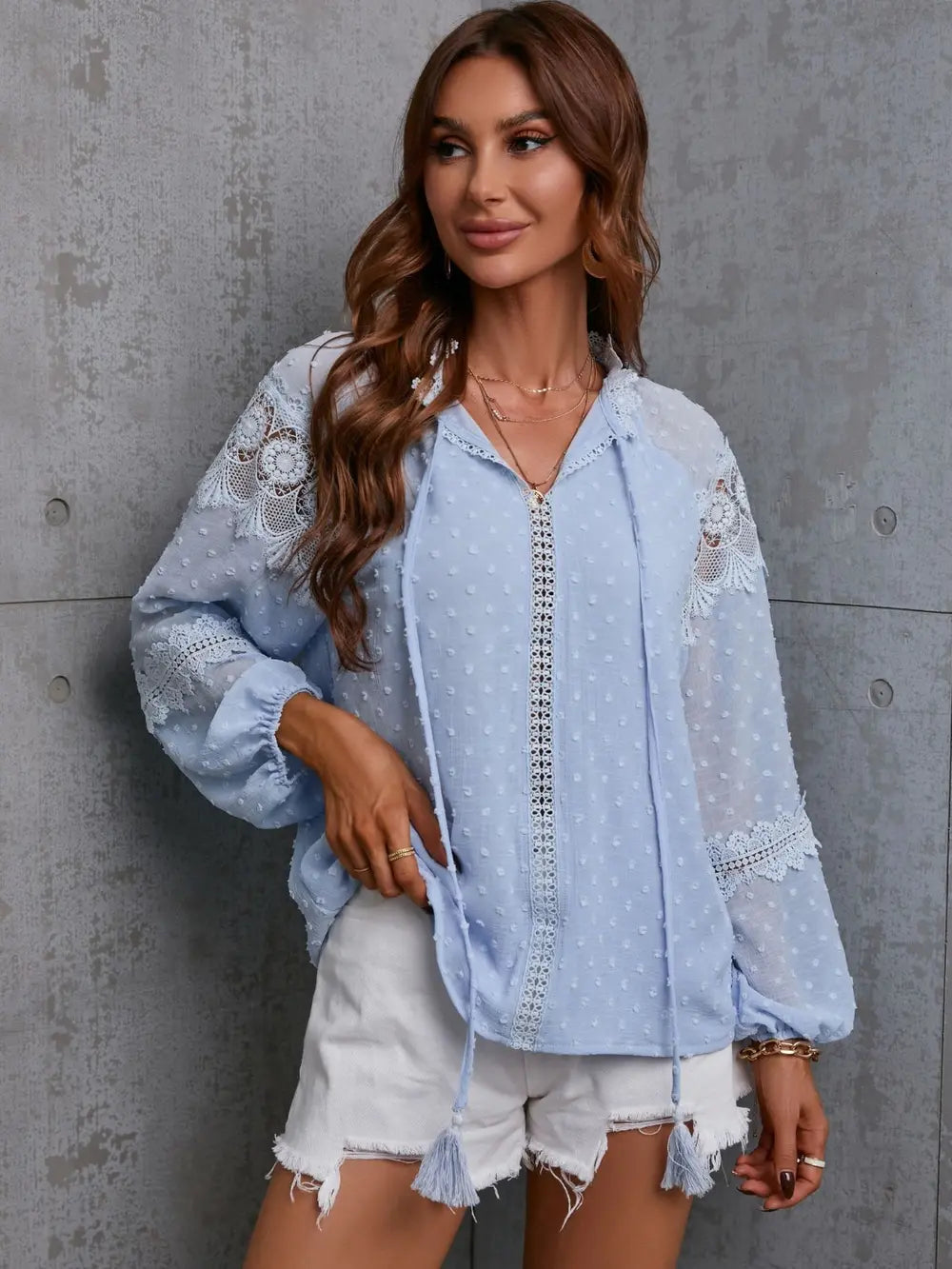 Crochet trim swiss dot tie-neck long sleeve blouse