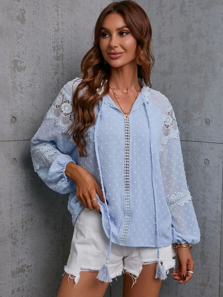 Crochet trim swiss dot tie-neck long sleeve blouse