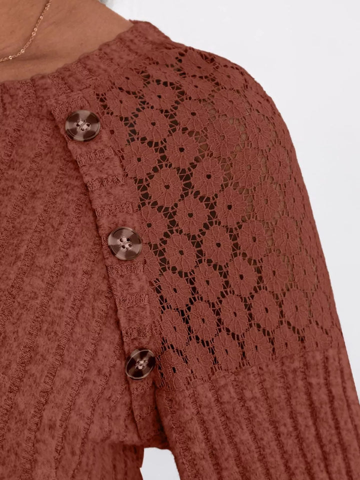 Ribbed knit long sleeve top with lace shoulder detail