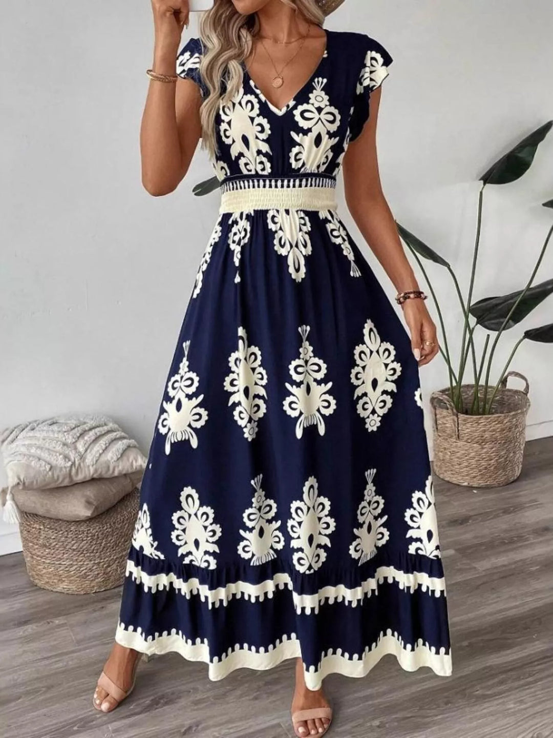 Navy Blue Ornate print v-neck maxi dress with flutter sleeves