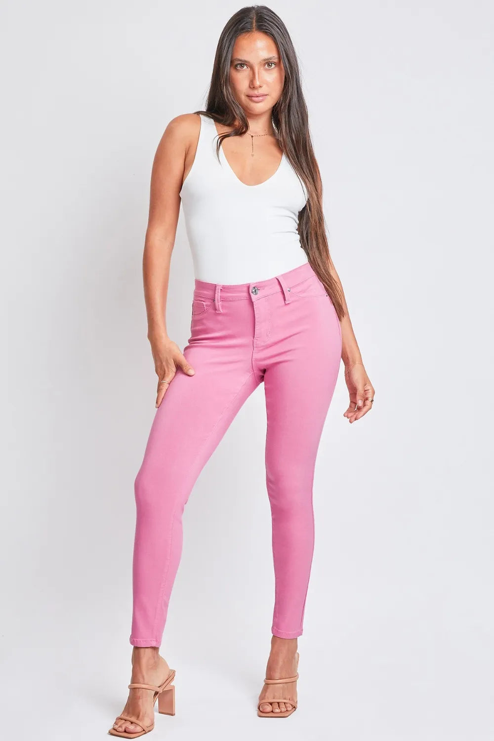 Flami-Flamingo Hyperstretch mid-rise skinny pants with 29-inch inseam