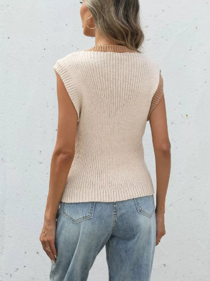 Two-tone ribbed knit button-front cropped cardigan