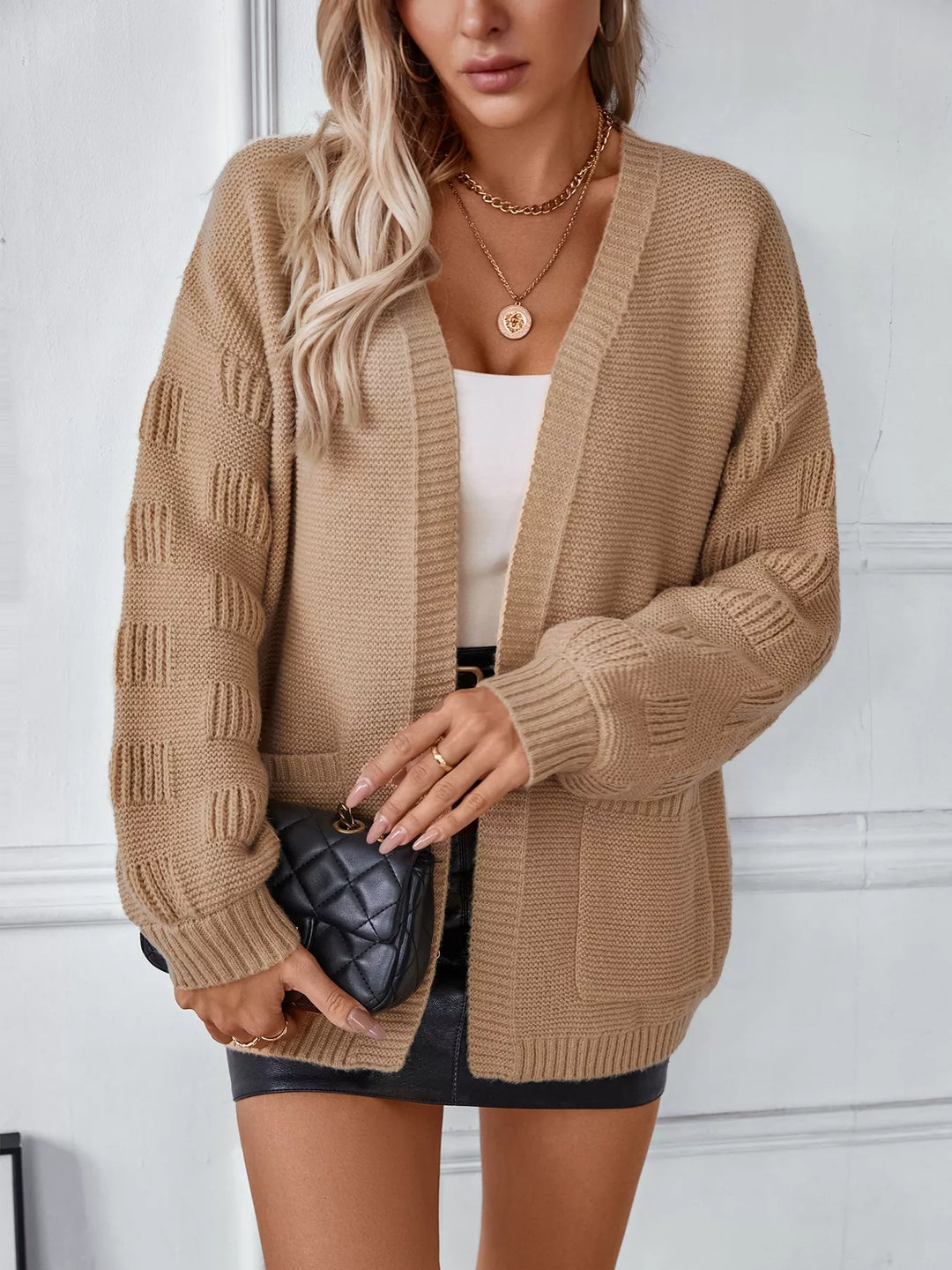 Textured basketweave knit open-front cardigan with pockets
