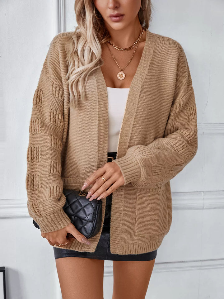 Textured basketweave knit open-front cardigan with pockets