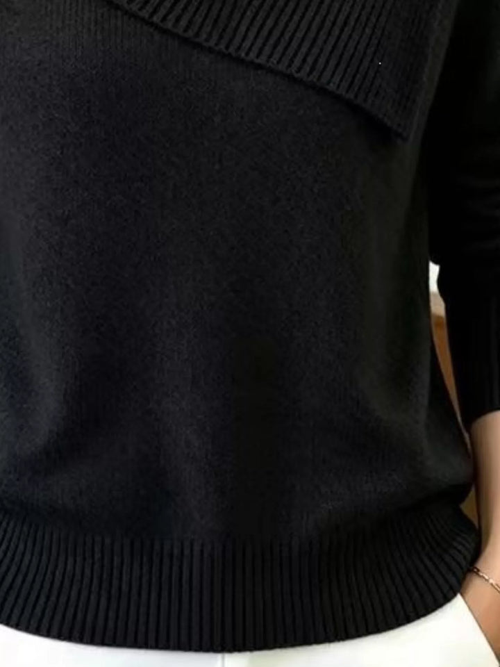 Asymmetric foldover ribbed collar knit pullover sweater
