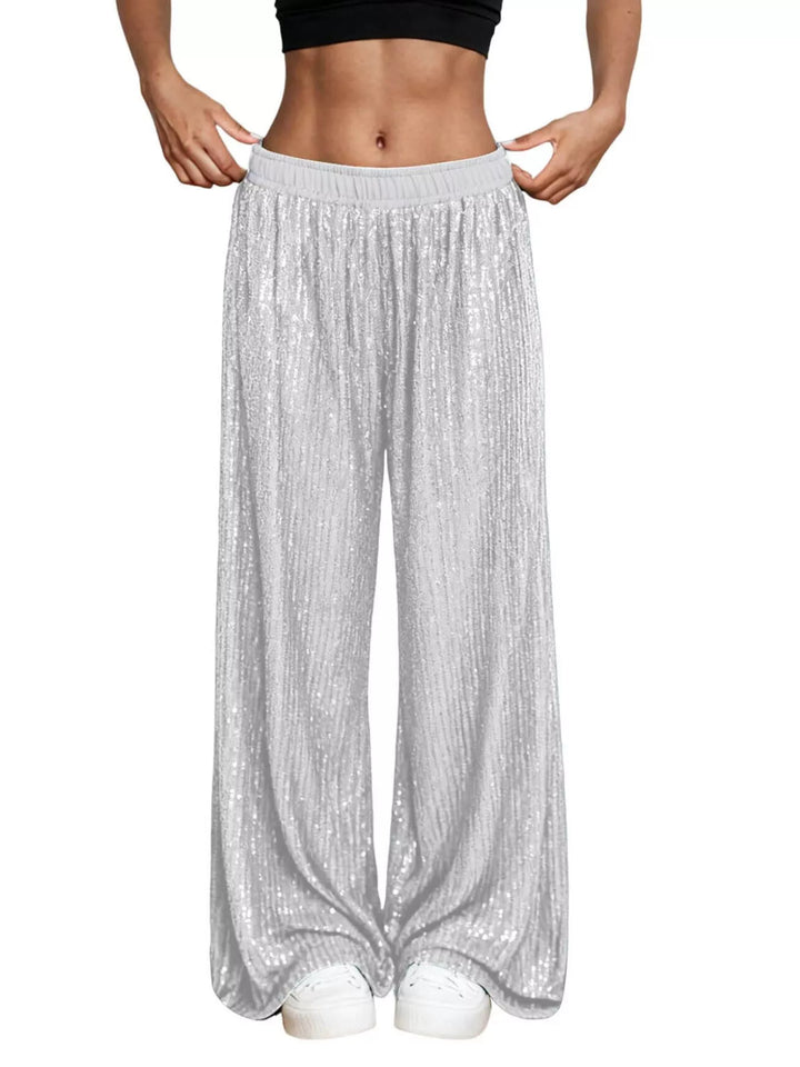 White All-over sequin wide-leg pants with elastic waist