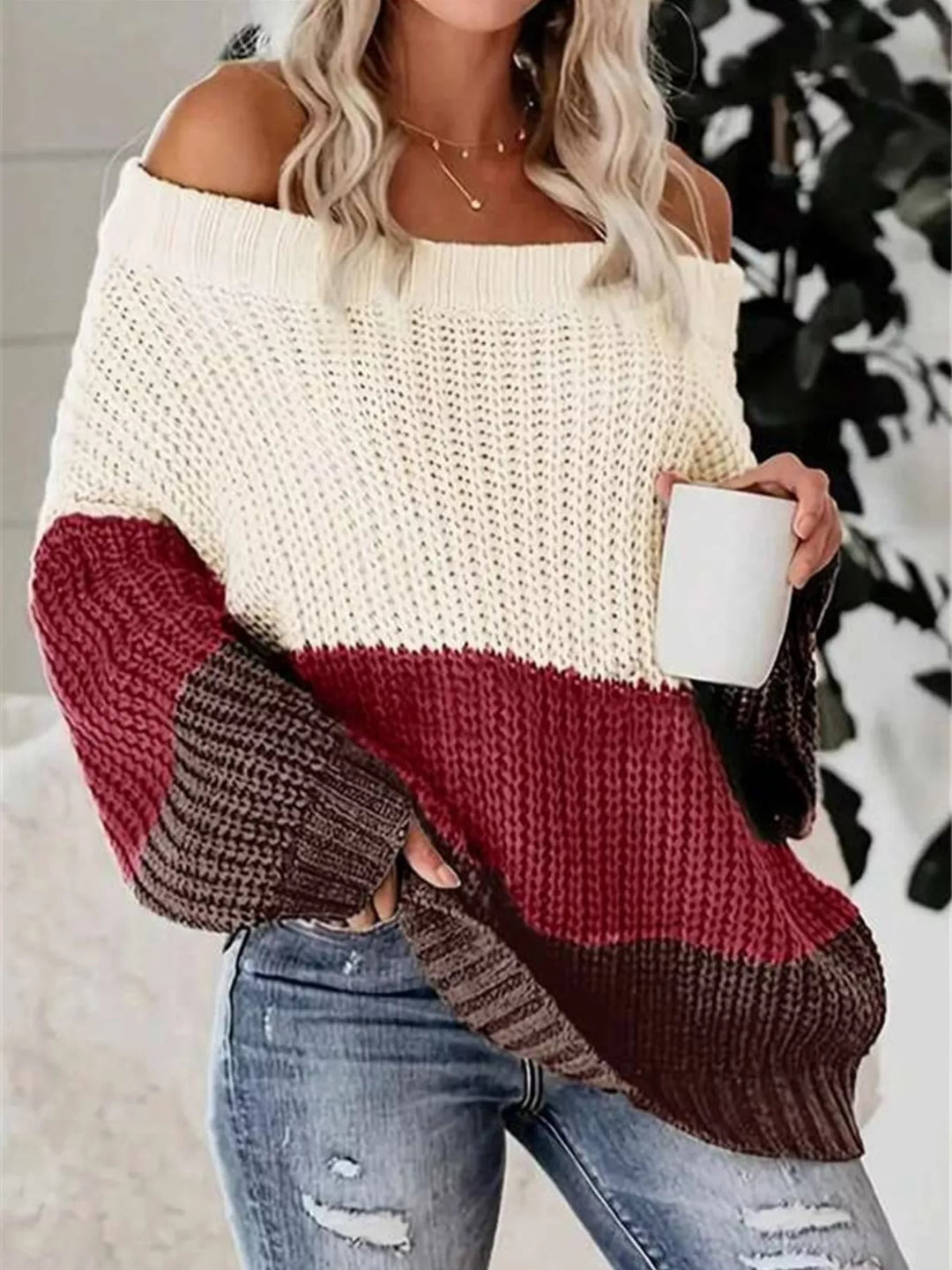 Burgundy Off-shoulder color block waffle knit sweater