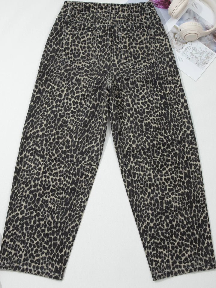 Leopard print high-rise barrel-leg jeans with pockets