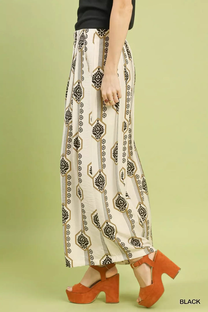 Boho medallion print wide leg pants with side pockets