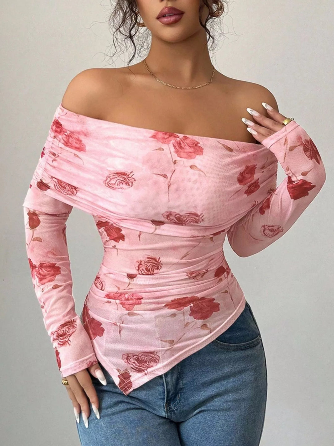 Sheer floral mesh off-shoulder top with ruched sides