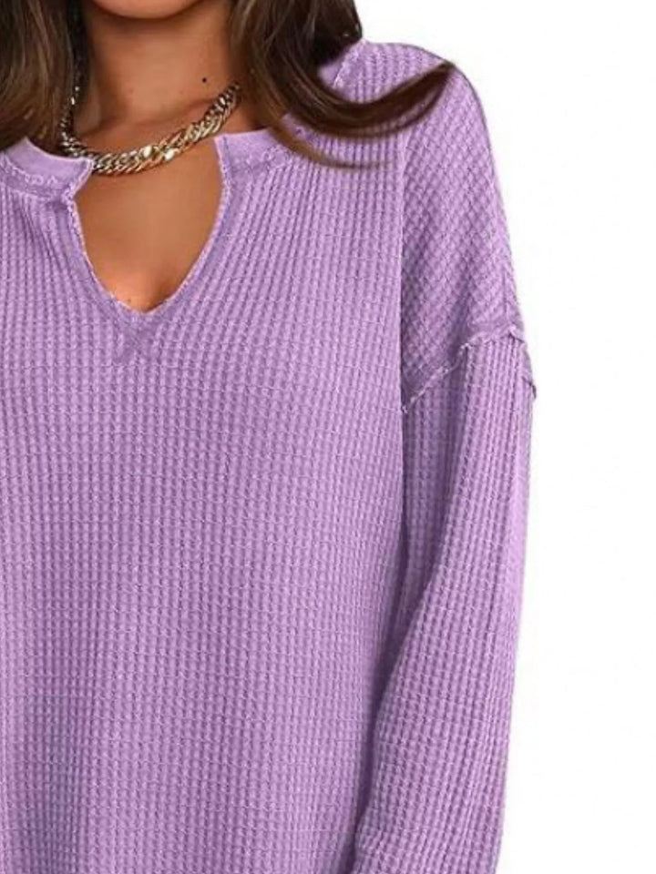 Waffle knit notched neck long sleeve tunic top