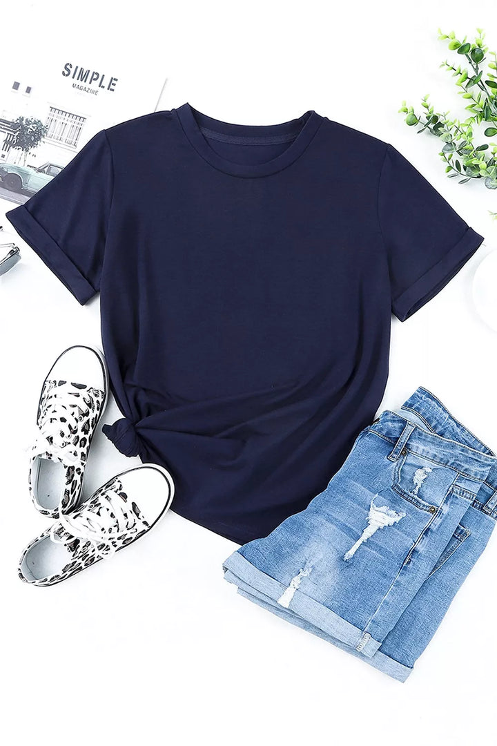 Rolled-sleeve crew neck tee with curved hem