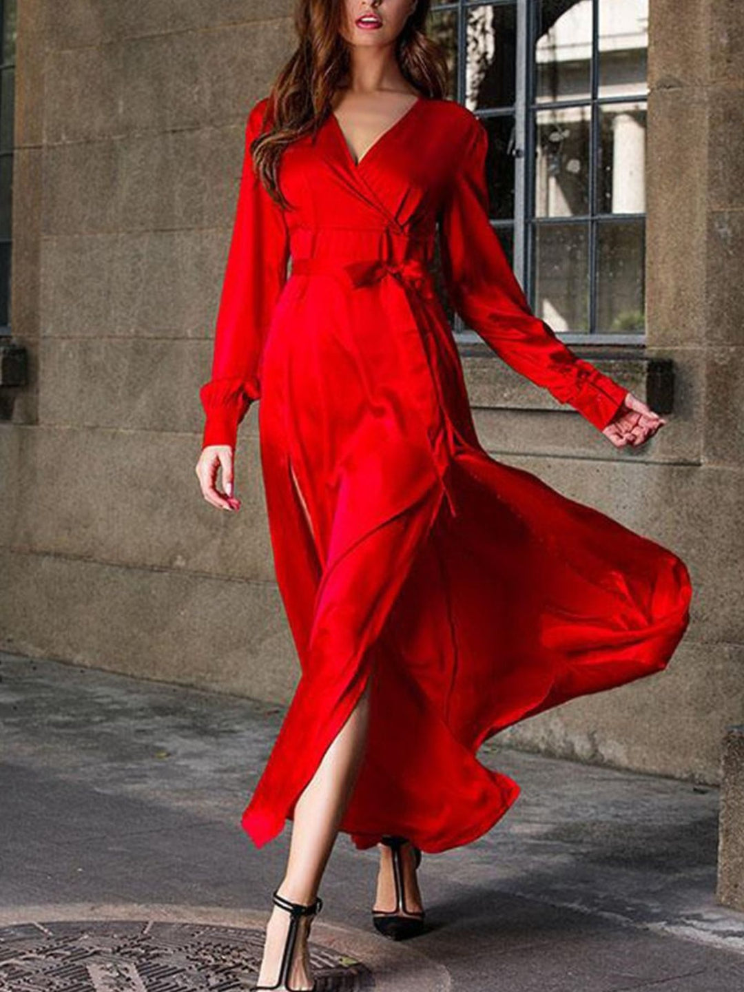Deep Red Satin surplice V-neck maxi dress with high slit