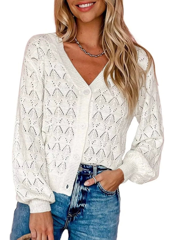 White Pointelle openwork V-neck button-down knit cardigan