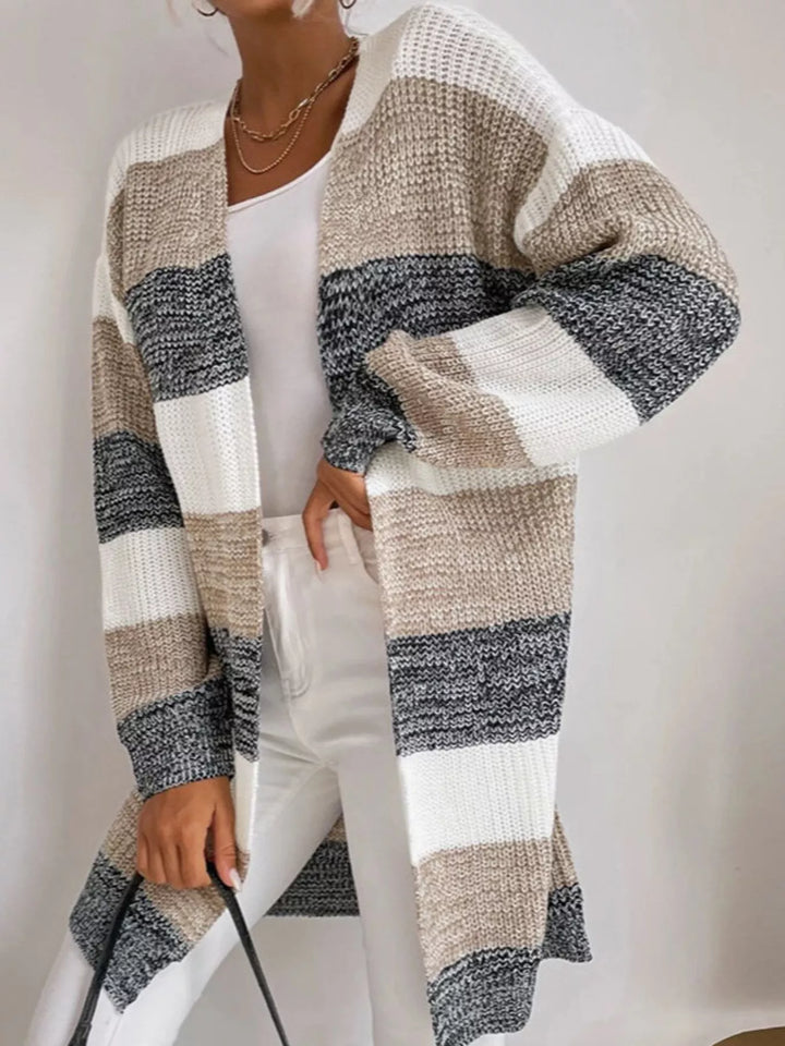 Grey Color block striped open front longline cardigan