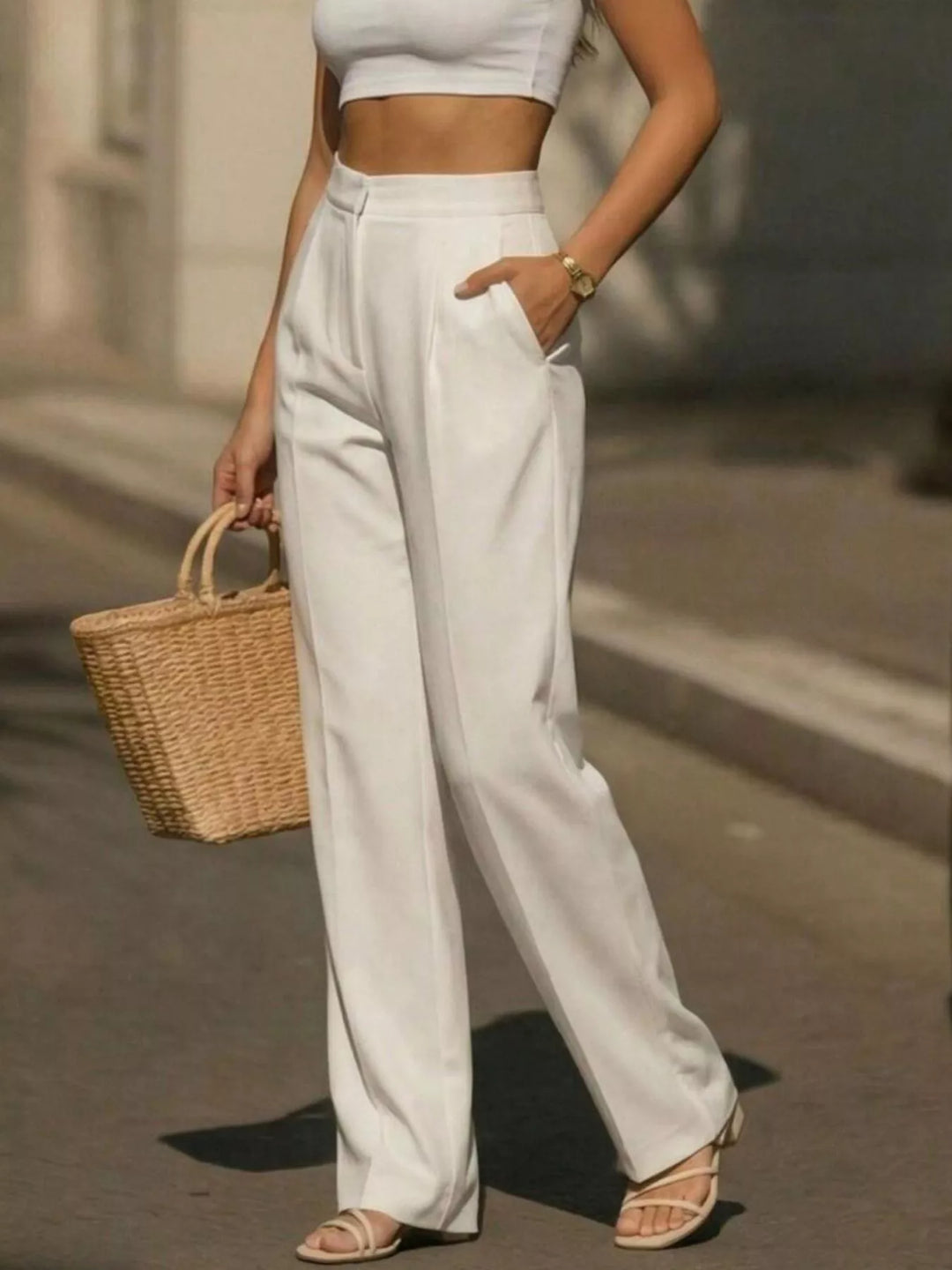 High-rise wide-leg trouser pants with center crease