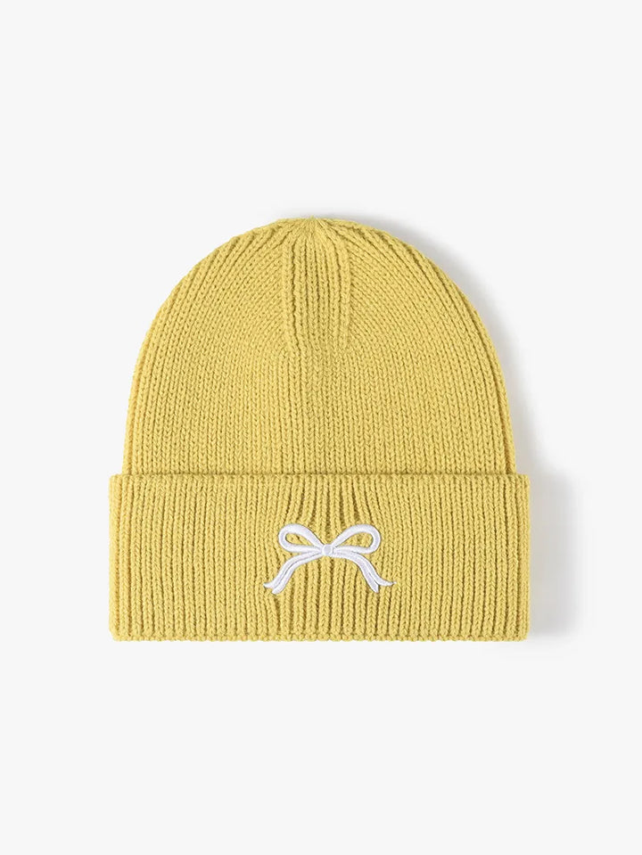 Yellow Embroidered bow ribbed knit cuffed beanie hat