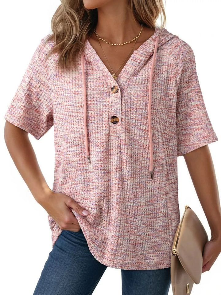 Pink Waffle knit hoodie top with button placket and drawstring